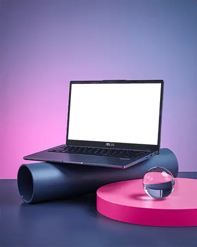 Asus Laptop Mockup On Cylindrical Prop With Pink Platform And Reflective Glass Sphere