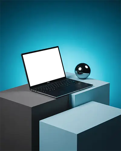Dell Laptop Mockup On Stacked Geometric Blocks With Chrome Sphere And Blue Gradient
