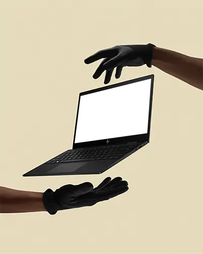 Hp Laptop Mockup Being Passed Between Gloved Hands On Minimalist Beige Background
