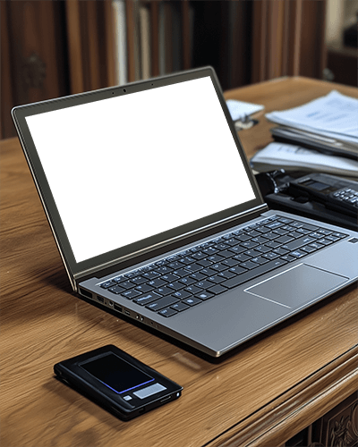 Classic Office Laptop Mockup Wooden Desk Documents Calculator 053