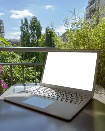 Outdoor Workstation With Laptop Mockup On Balcony Table Nature Background