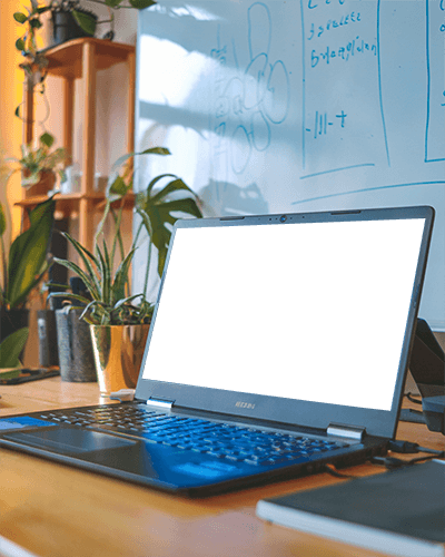 Creative Workspace Laptop Mockup On Wooden Desk With Greenery And Whiteboard Ideas And Inspiration Ambience 057