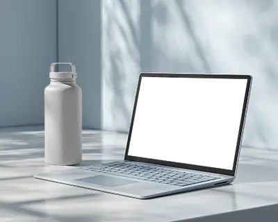 Sleek Modern Laptop Mockup With Water Bottle On Minimalist Desk For Creative Presentation