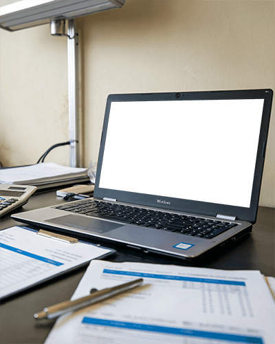 Corporate Desk Laptop Mockup Laptop On Professional Workstation With Financial Documents And Calculator 060