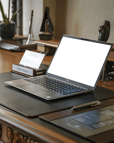 Executive Office Laptop Mockup Laptop On Luxury Wooden Desk With Nameplate And Decorative Elements Professional And Sophisticated 061