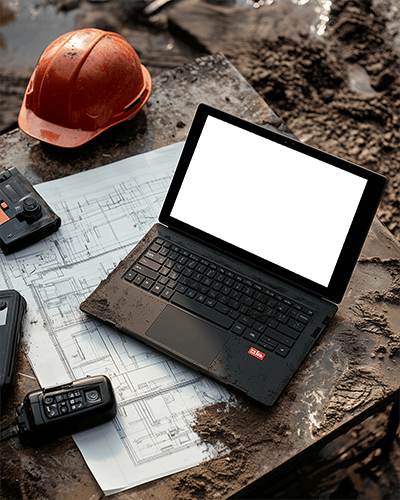 Rugged Construction Site Laptop Mockup Dusty And Muddy Work Environment Hard Hat And Blueprints Industrial Setting 063