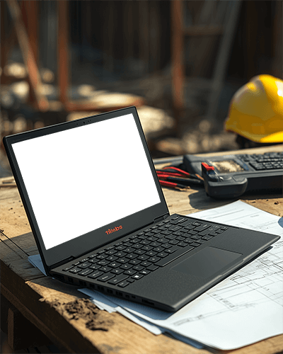 Outdoor Construction Laptop Mockup On Wooden Workbench Hard Hat And Tools Site Blueprints Industrial Workspace 064