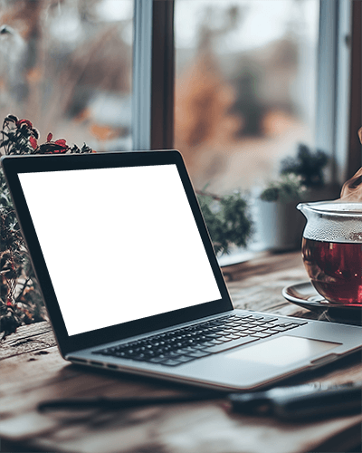 Cozy Rustic Laptop Mockup Warm Autumn Lighting With Tea On Wooden Table Homely And Inviting Ambience 065