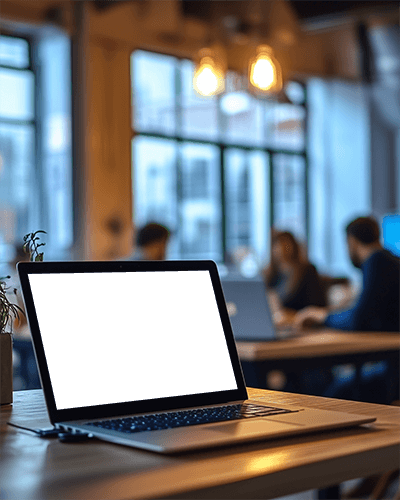 Modern Cozy Cafe Laptop Mockup Warm Ambient Lighting Busy Coworking Space With Blurred Background Productive And Vibrant Atmosphere 067