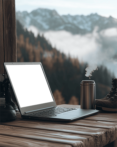 Mountain Retreat Laptop Mockup Rustic Wooden Deck With Steaming Travel Mug And Hiking Boots Serene And Adventurous Outdoor Setting 066