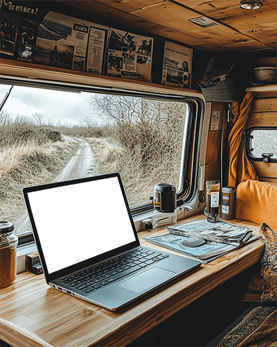 Vanlife Workspace Laptop Mockup Cozy Wooden Interior With Outdoor View Through Van Window Rustic And Nomadic Aesthetic 068