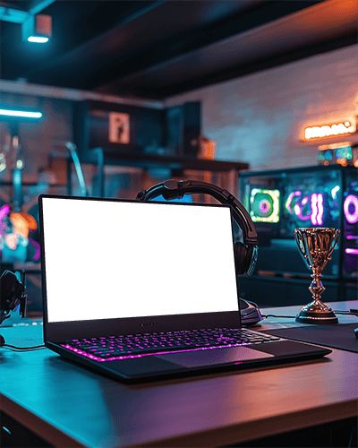 Gaming Setup Laptop Mockup Rgb Lit Keyboard With Headset And Trophy In Modern Neon Lit Esports Environment 069
