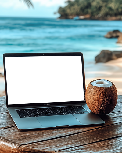 Beachfront Laptop Mockup Coconut Drink Relaxed Tropical Remote Work Vibes 076