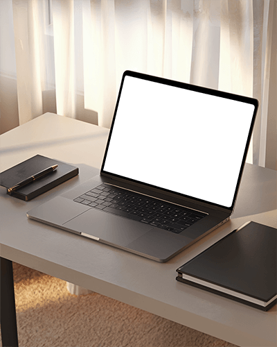 Sunlit Minimalist Laptop Mockup On Elegant Desk With Curtains Soft Lighting And Black Notebooks 081