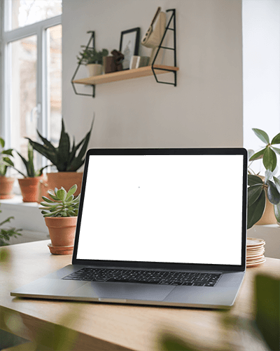 Sunlit Home Office Laptop Mockup Macbook On Wooden Table Surrounded By Greenery Minimalist Interior With Natural Light Cozy And Productive Ambience 084