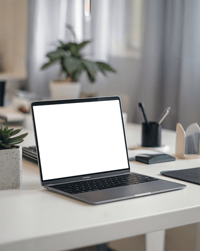 Modern Minimalist Office Laptop Mockup Macbook On White Desk With Greenery And Stationery Bright And Tidy Workmodern Minimalist Office Laptop Mockup Macbook On White Desk With Greenery And Stationery Bright And Tidy Workspace Professional And Focused Ambience 085