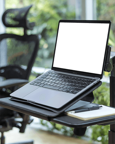 Ergonomic Workspace Laptop Mockup Macbook On Adjustable Stand With Mesh Chair And Greenery Productive And Comfortable Office Setup 087