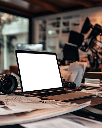 Creative Studio Laptop Mockup Photographer Desk With Camera Lenses And Scattered Documents 089