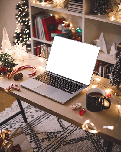 Christmas Cozy Laptop Mockup Festive Holiday Decor With Warm Lights And Hot Coffee Inviting Winter Ambience 093