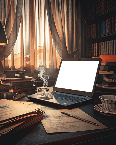 Vintage Study Laptop Mockup Warm Sunset Lighting With Antique Books And Steaming Coffee Cozy And Scholarly Ambience 095