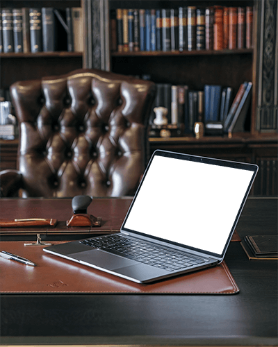 Executive Office Laptop Mockup Luxurious Leather Chair And Dark Wood Bookshelves Professional And Sophisticated 096