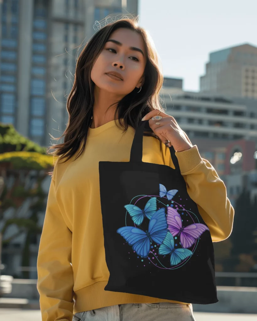 asian woman holding black tote bag mockup design in right hand