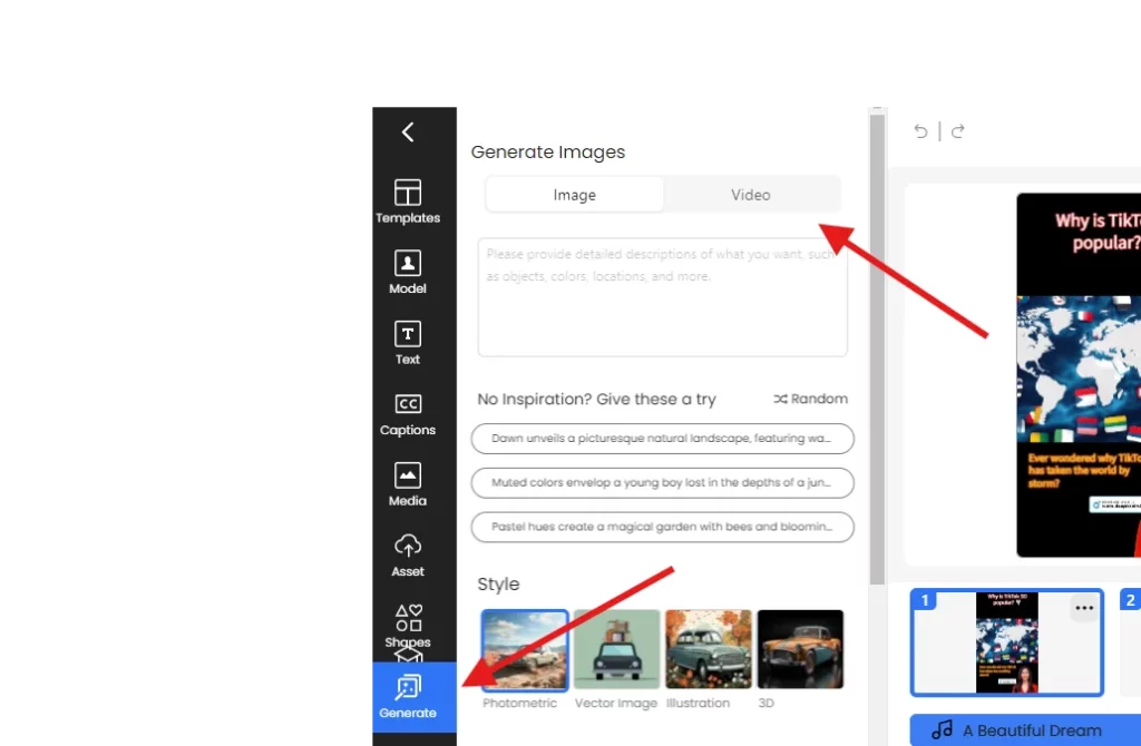 generate tab for ai video and image