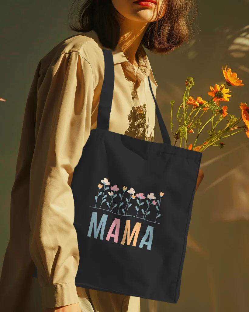 girl with flowers wearing black tote bag mockup in neck scene