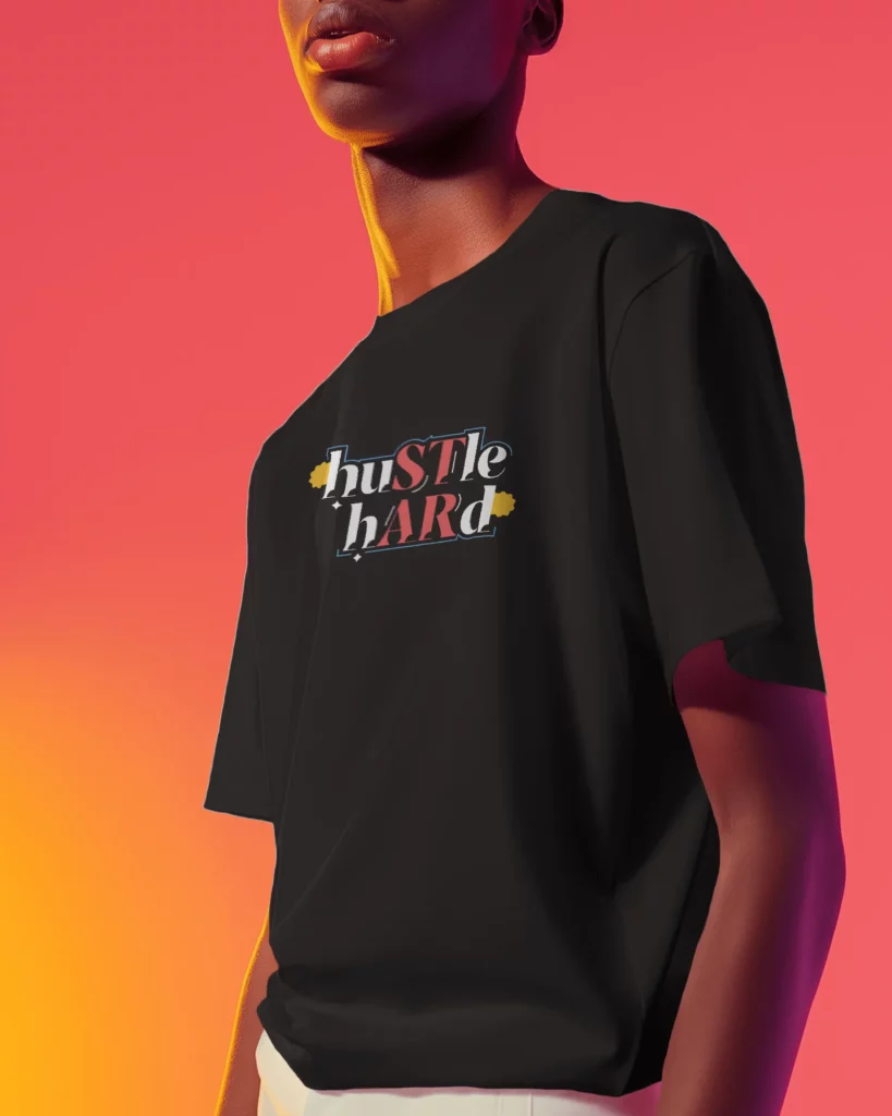 model wearing black t-shirt mockup in a vibrant surrounding scene