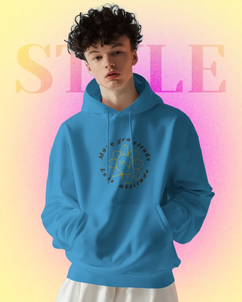 model with curly hair wearing hoodie mockup in neutral studio background scene