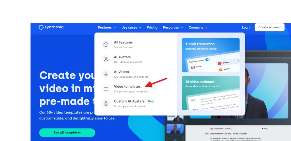 select from over 60 templates in sythesia ai video generator
