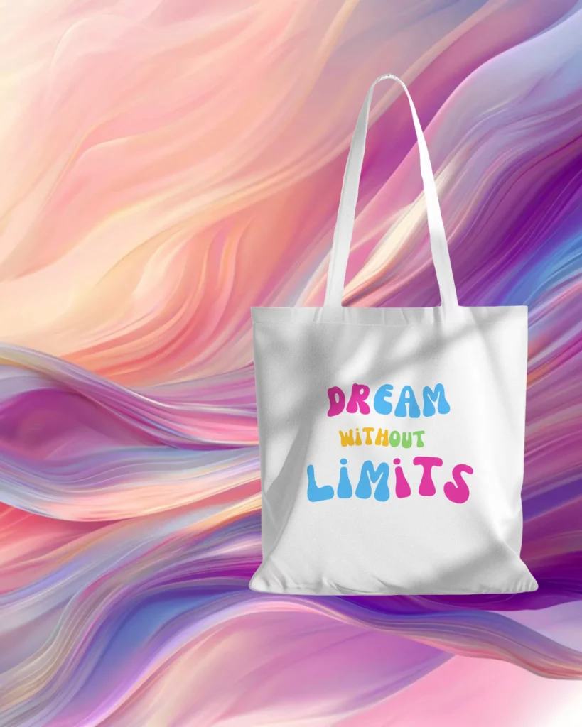 white tote bag mockup hanging on white wall with plant in side