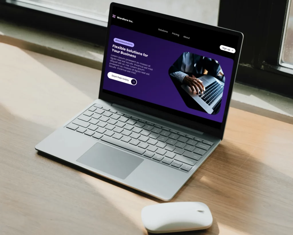 render mockup of a black laptop standing on a table
