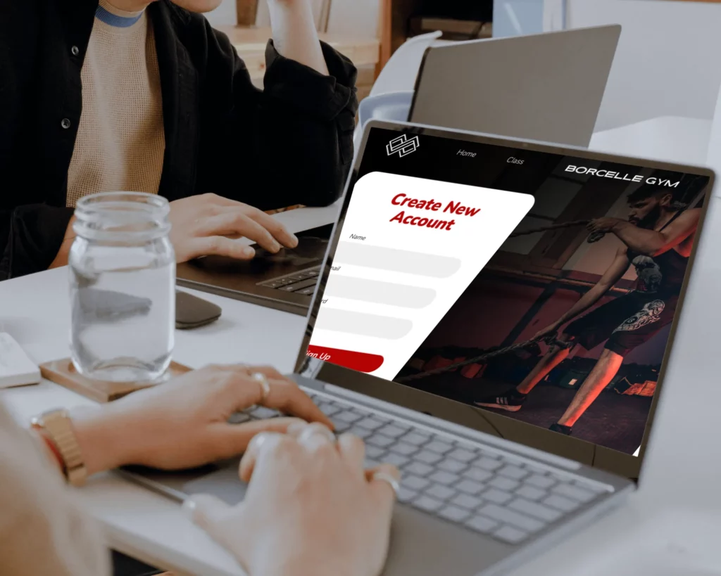 girl using pc laptop on wooden floor mockup generator/