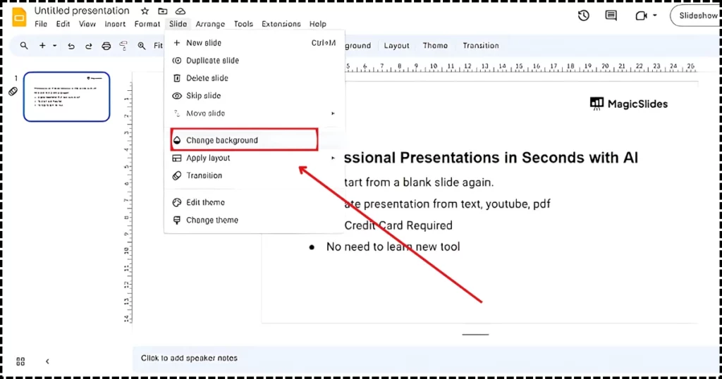 Click change background in slide tab