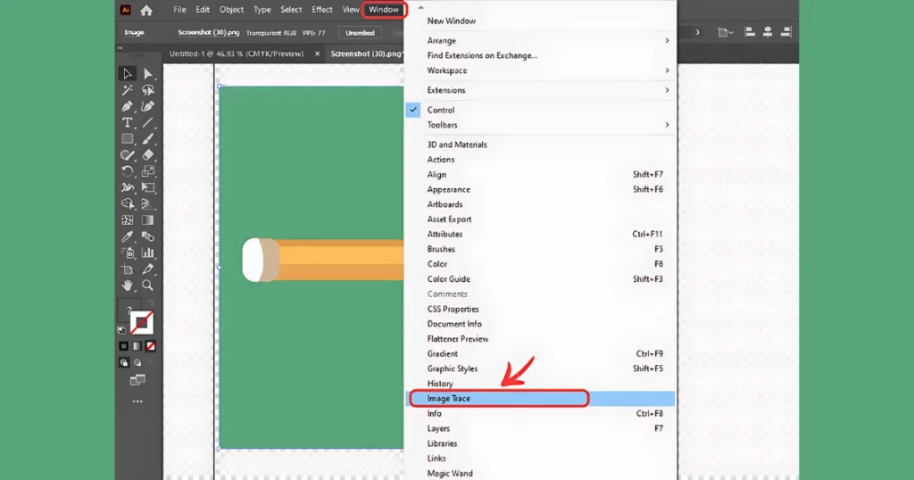 Click image trace in windows section in illustrator