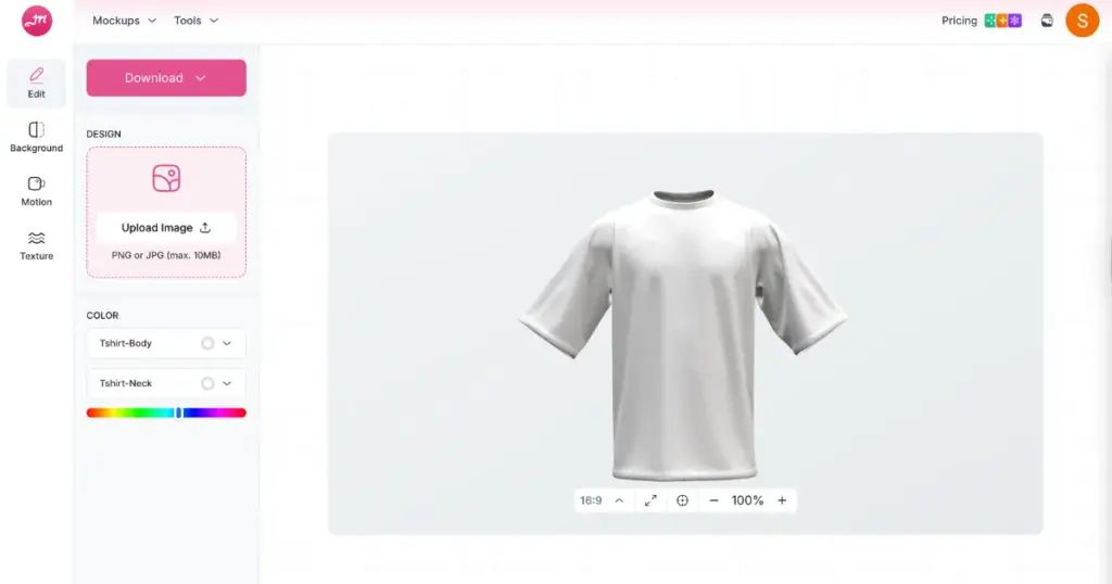 3d t-shirt mockup interface