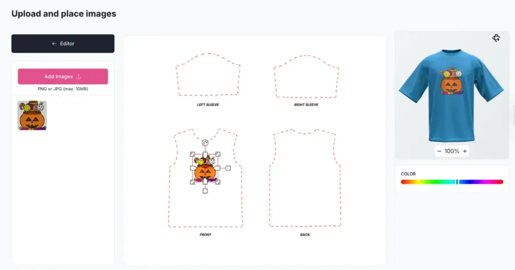 add your design and change color of 3d t shirt