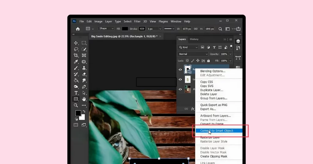 select convert to smart object on how to create phone case mockup in photoshop