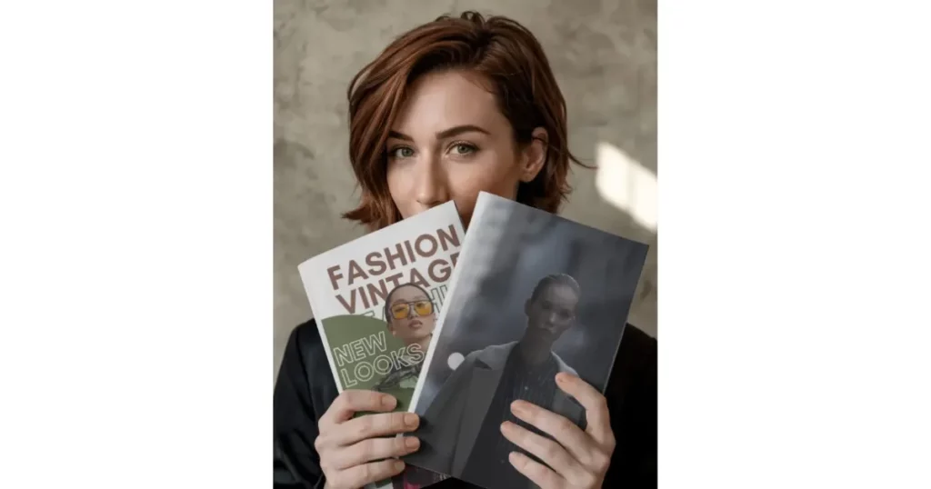 a woman holding two a4 magazines
