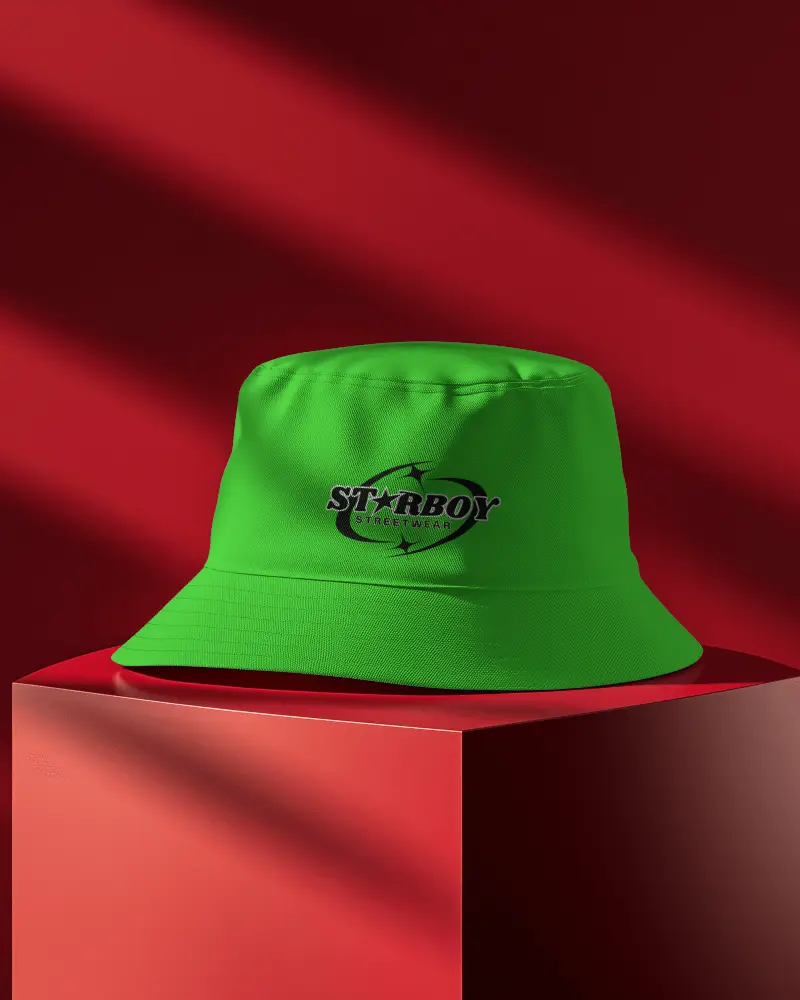 bucket hat mockup on geometric pedestal with dramatic shadow and modern studio lighting
