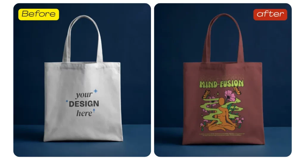 deep maroon canvas tote bag against a blue background