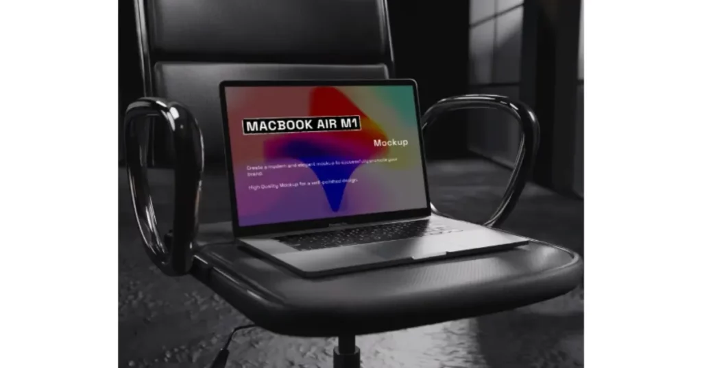 a macbook air m1 on a black office chair