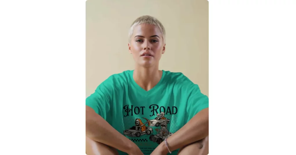a model wearing a v-neck t-shirt stares straight