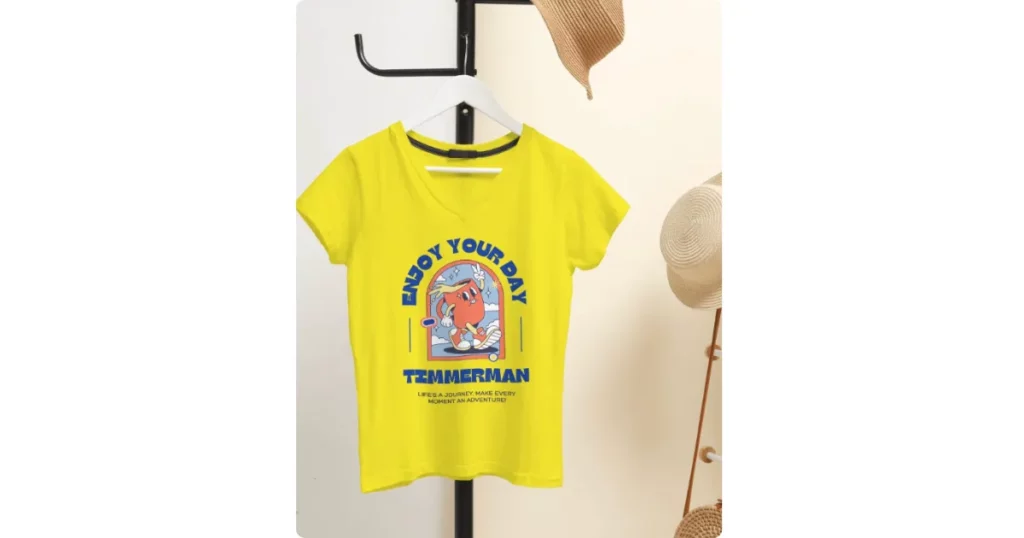 a white hanger holds a v-neck t-shirt