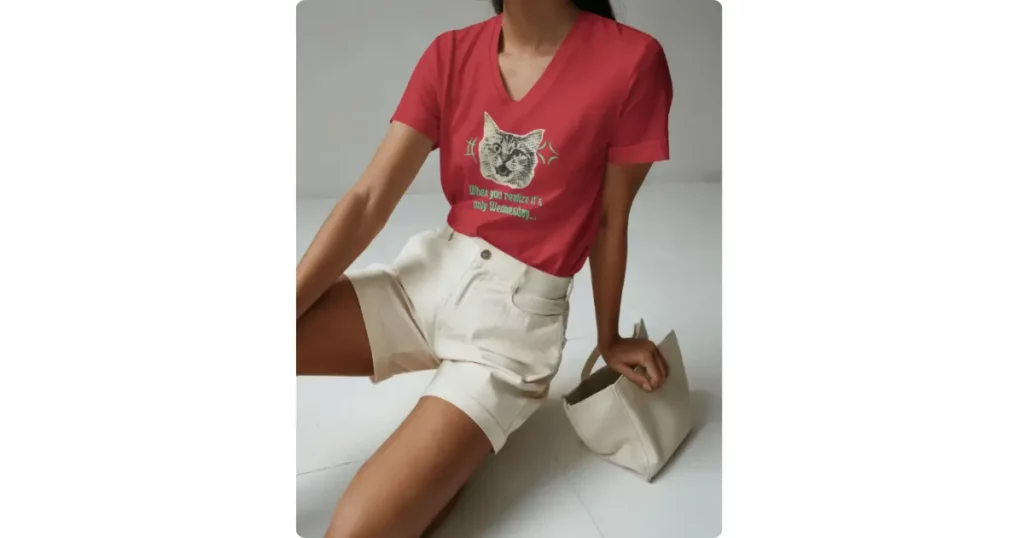 a young woman sits on the floor wearing a v-neck t-shirt