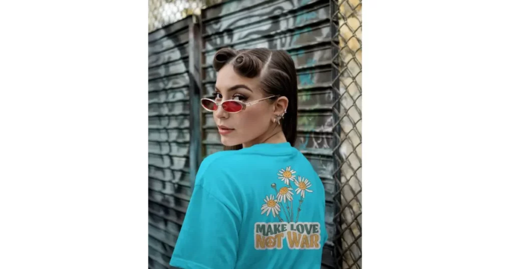 an oversized t-shirt and red sunglasses on a model