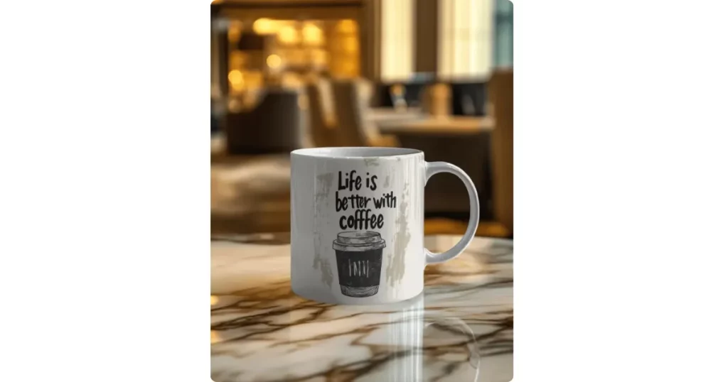 the coffee mug is set in a hotel lounge