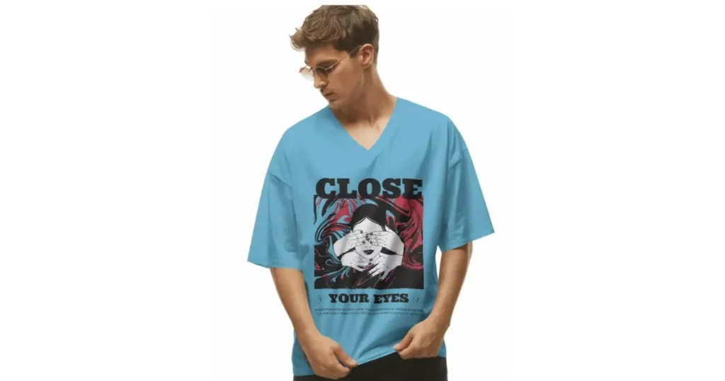 the model wearing a v-neck t-shirt and stare downward