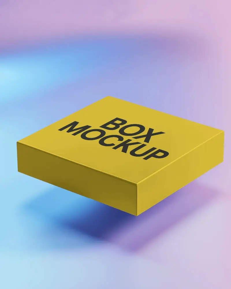 floating thin box mockup on gradient purple and blue backdrop with modern dreamy lighting effects
